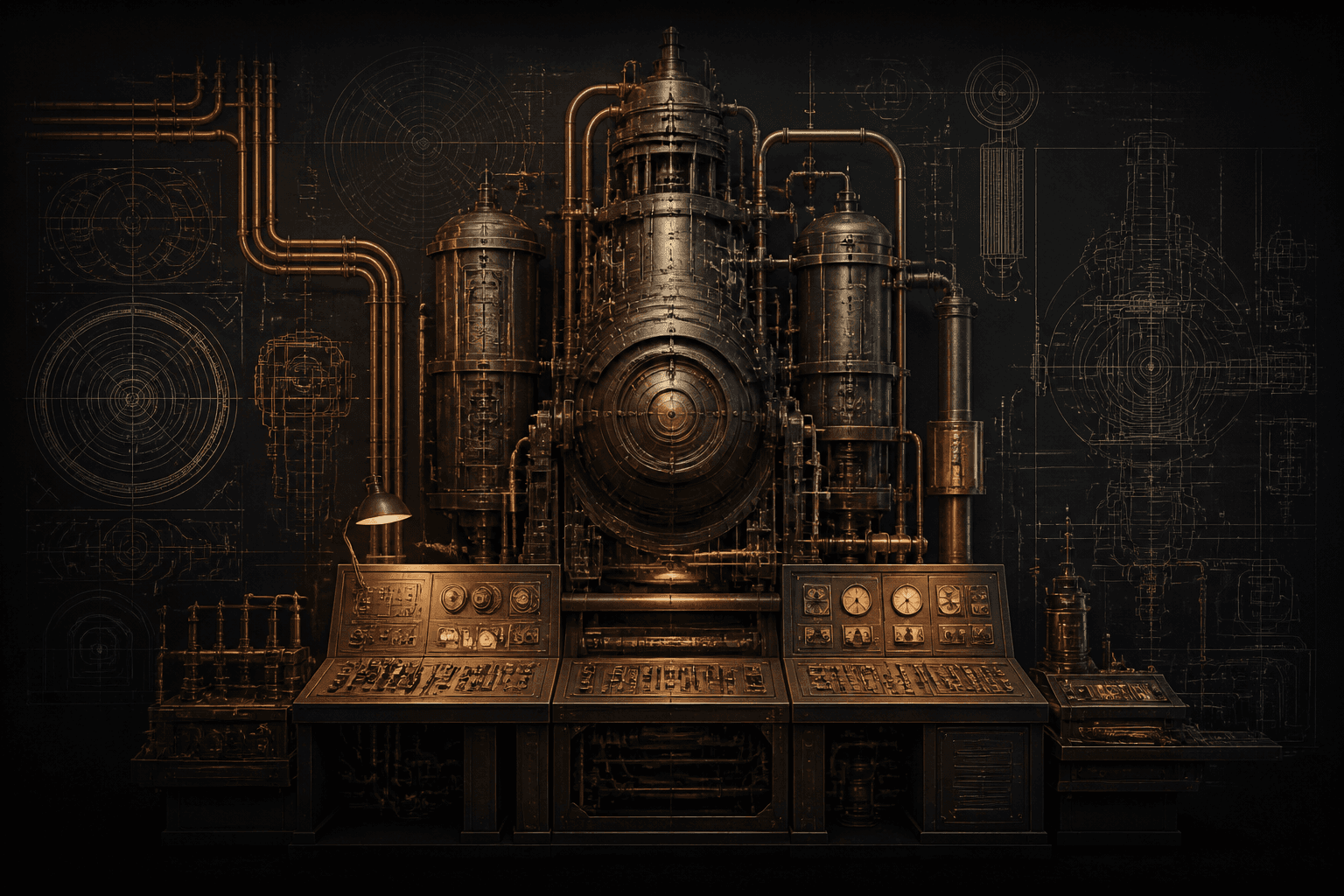 Stylized industrial control room with copper machinery and technical drawings