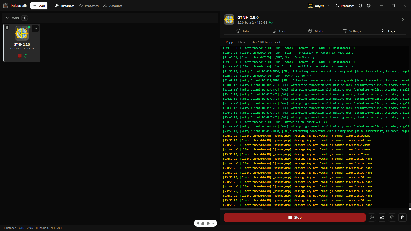 Industrialis launcher showing GTNH 2.9.0 running with the Logs view open